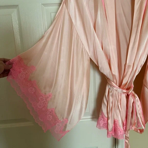 Victoria's Secret Blush Satin Robe with Pink Lace - Picture 2 of 6